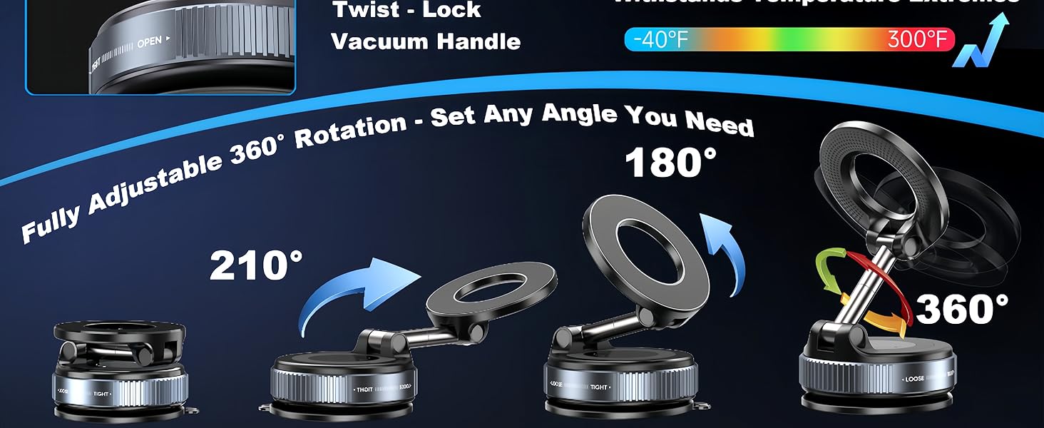 Snanlen magnetic car mount showing 210°, 180°, and 360° adjustable rotation angles with twist-lock vacuum base and temperature resistance.