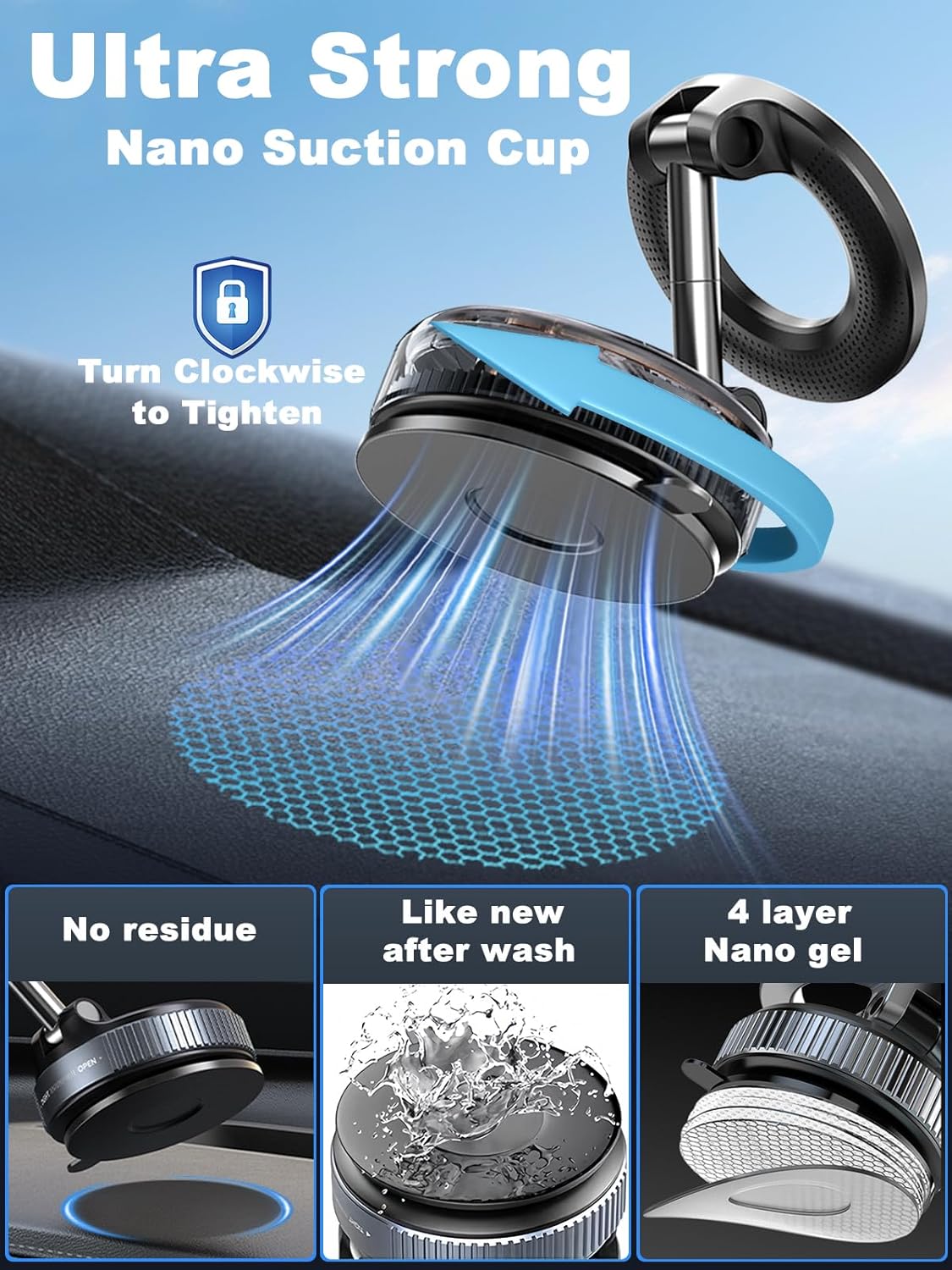 Snanlen Magnetic Phone Mount with Ultra Strong Nano Suction Cup — 4-Layer Nano Gel, No Residue, Reusable After Wash, Secure Clockwise Lock Design