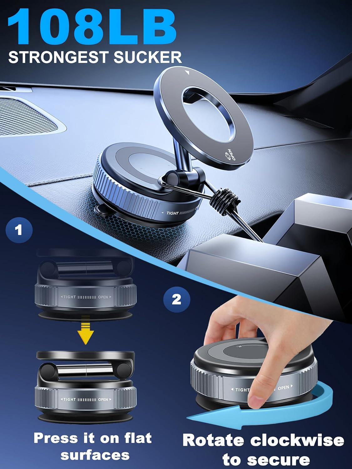 Snanlen Magnetic Vacuum Phone Mount with 108 lb Ultra Strong Suction — Easy Press and Rotate Lock Installation on Flat Surfaces