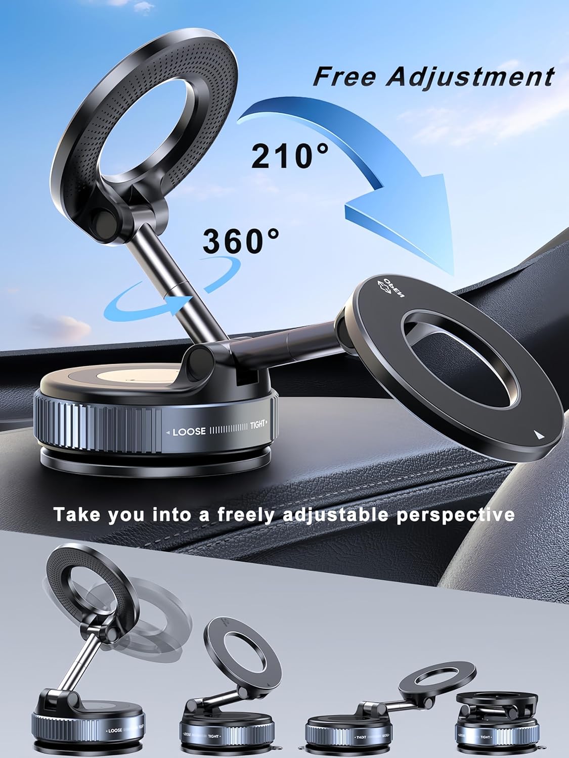 Snanlen Magnetic Phone Mount with 360° Rotation and 210° Free Adjustment — Flexible Viewing Angles for Dashboard and Car Use