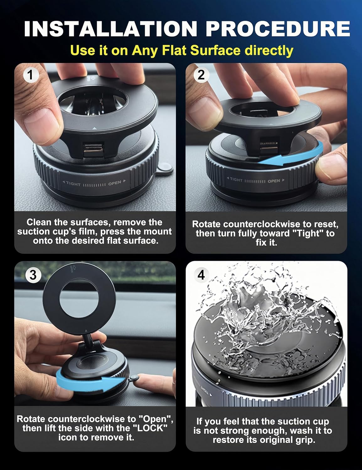 Snanlen Magnetic Phone Mount Shown on Windshield, Dashboard, and Backboard — Versatile 360° Installation Options