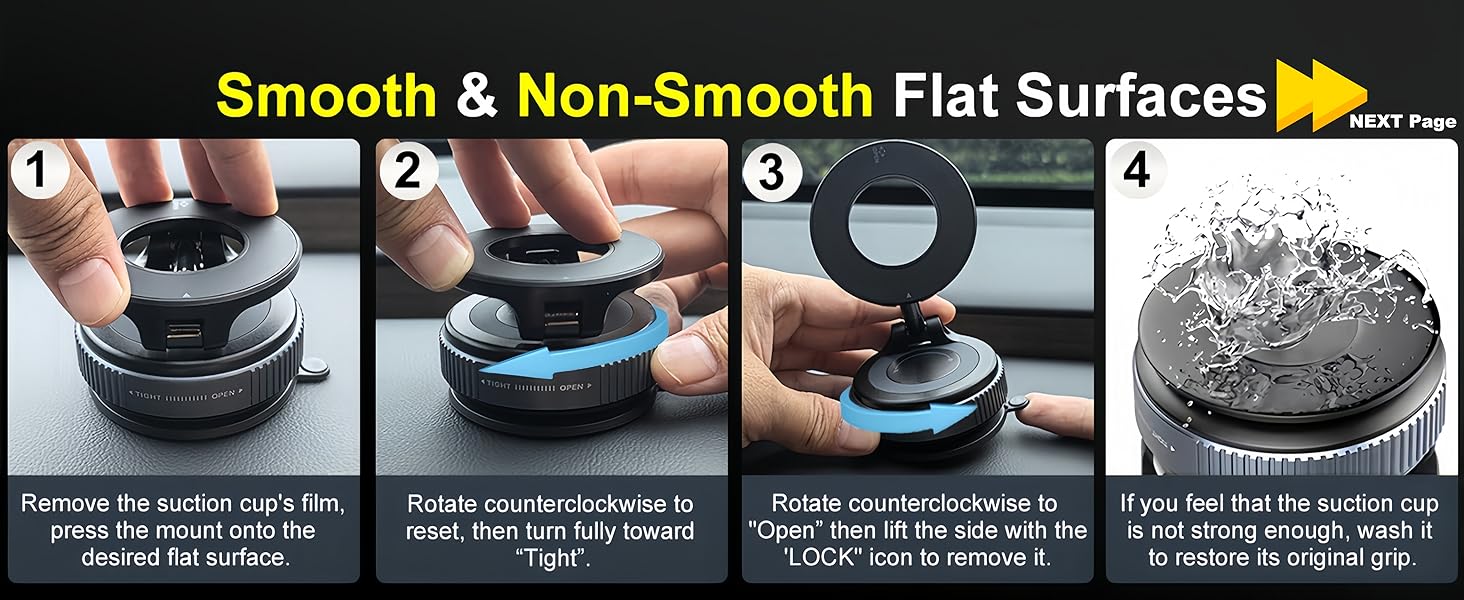 Snanlen magnetic car mount installation guide showing suction base setup on smooth and non-smooth surfaces with washing instructions