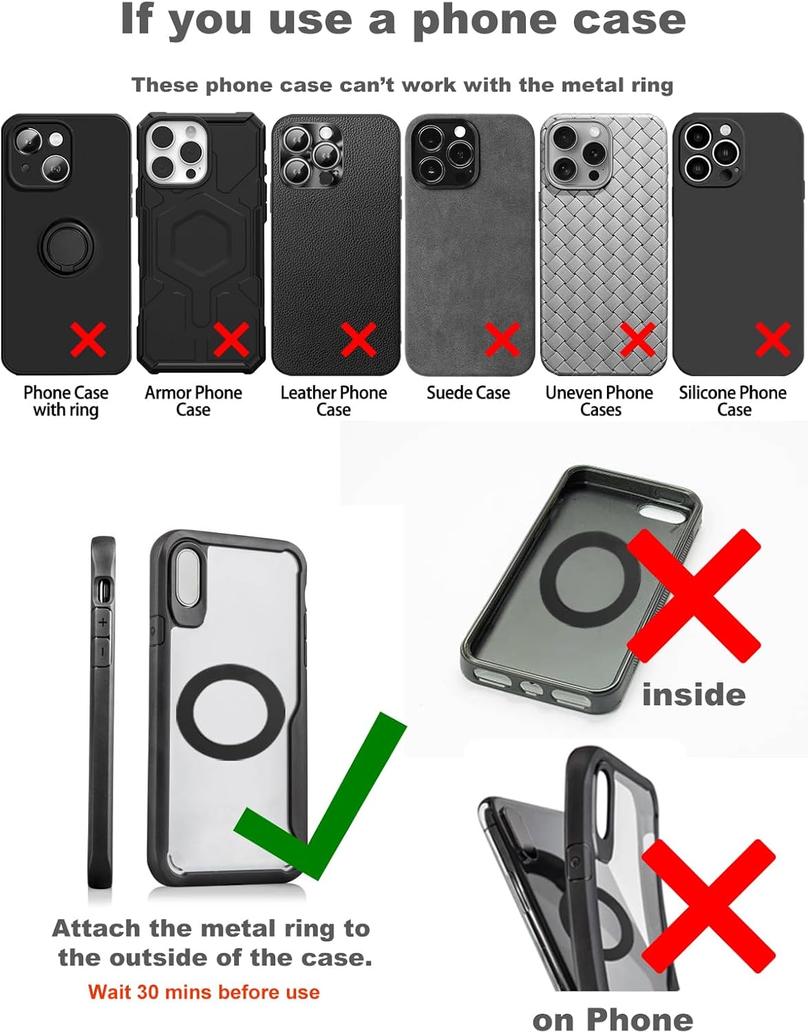 Snanlen Magnetic Mount Metal Ring Installation Guide — Attach Metal Ring on Outside of Case, Not Inside or on Phone; Incompatible with Ring, Armor, Leather, Suede, Uneven, and Silicone Cases