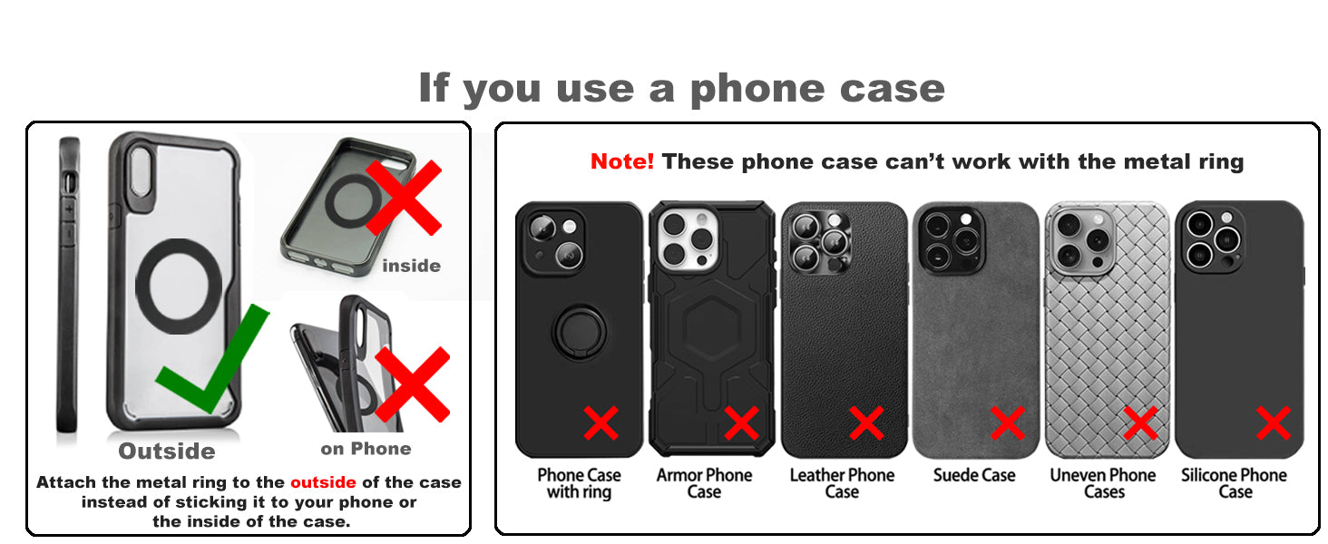 Snanlen magnetic car mount phone case compatibility guide showing correct metal ring placement and incompatible case types.