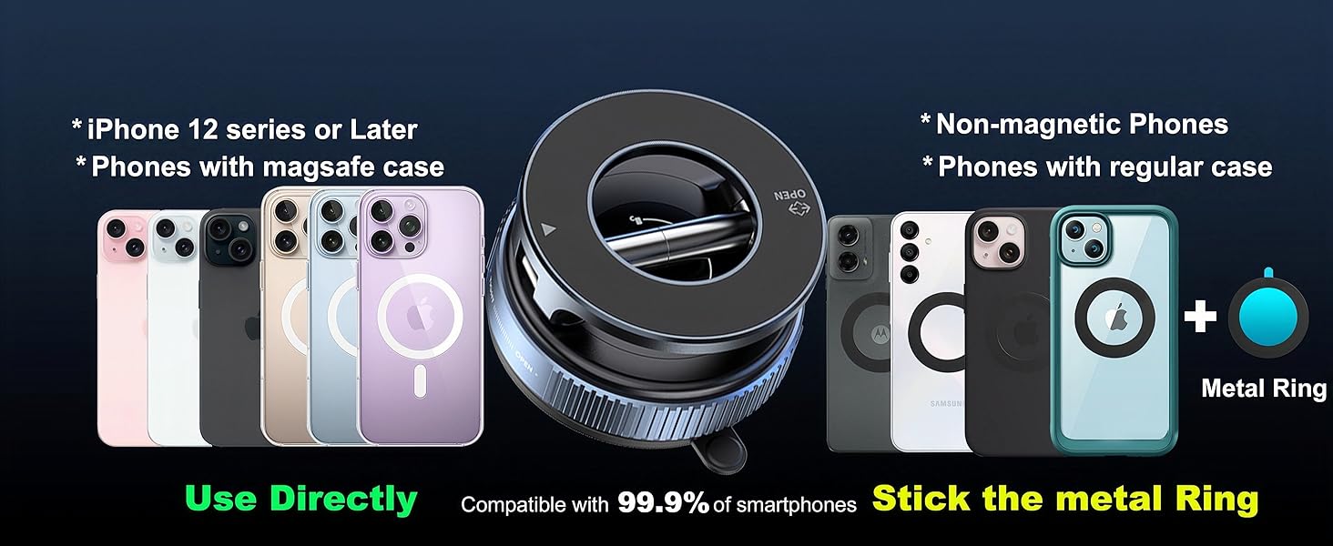Snanlen magnetic car mount compatibility guide showing MagSafe iPhones that work directly and non-magnetic phones using a metal ring