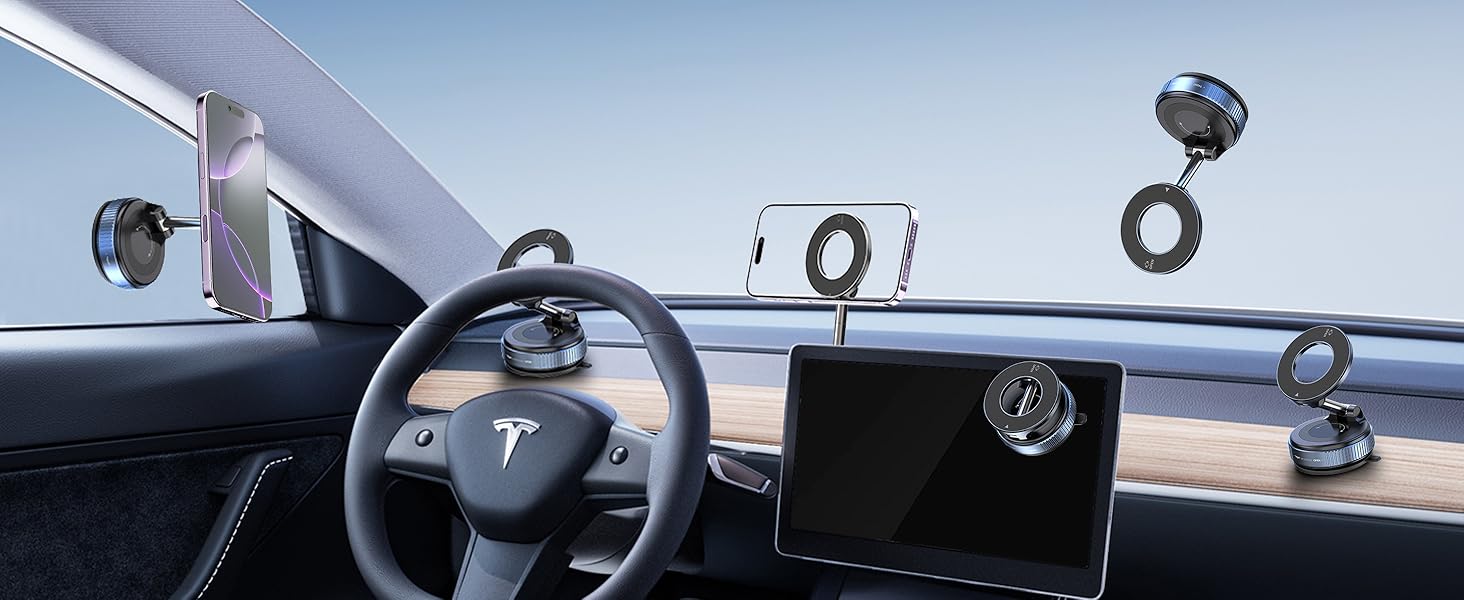 Snanlen magnetic car mount installed in multiple positions inside a Tesla, showing versatile mounting options and MagSafe compatibility.